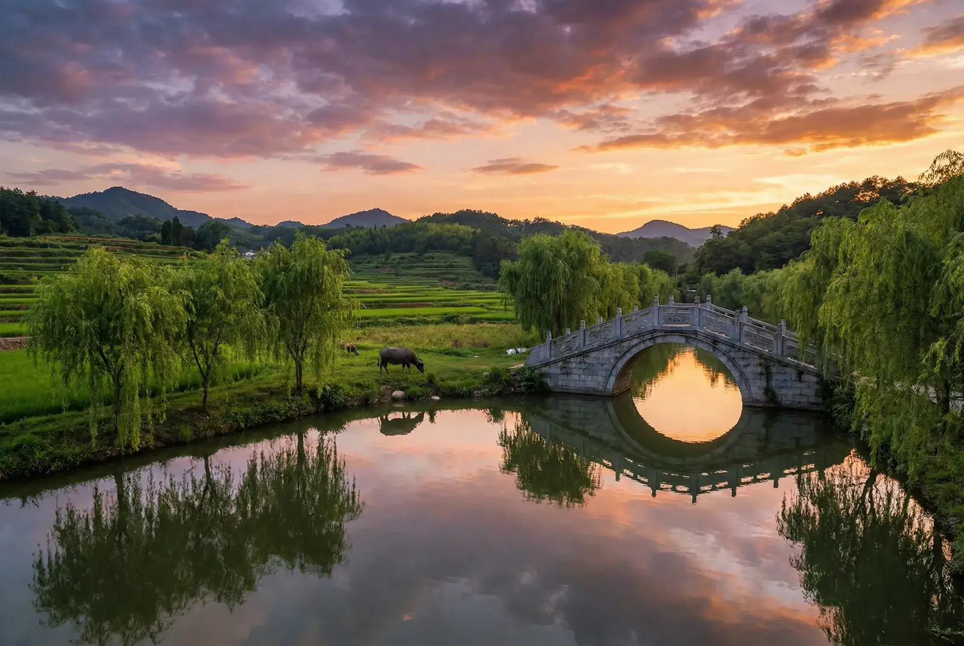夕阳下的石拱桥与垂柳，水牛在河边吃草 - 熟女论坛 乡村美景